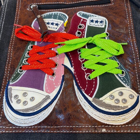 Canvas Crossbody Messenger Bag Sneaker Appliqué Black Brown Y2K 2000s Purse - Picture 2 of 14